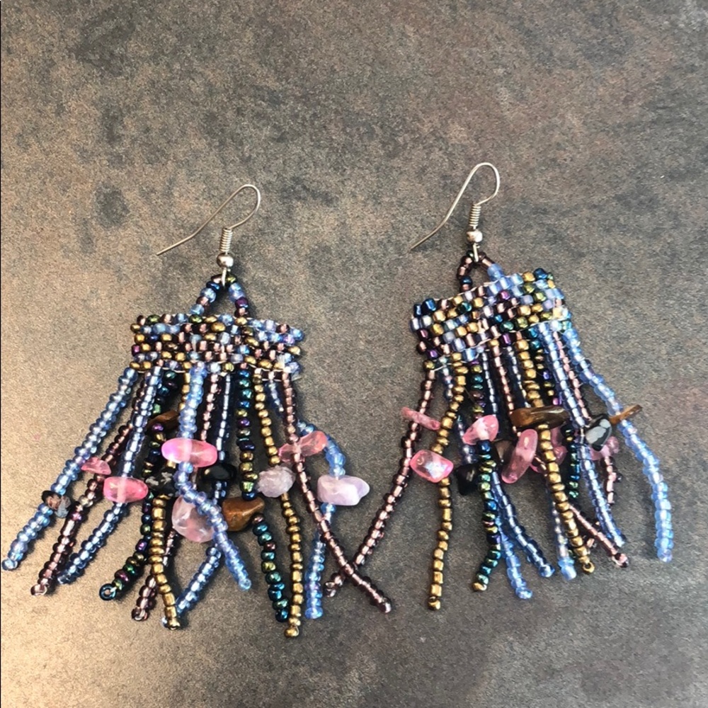 MADE IN ITALY - Hand beaded earrings blue pink brown